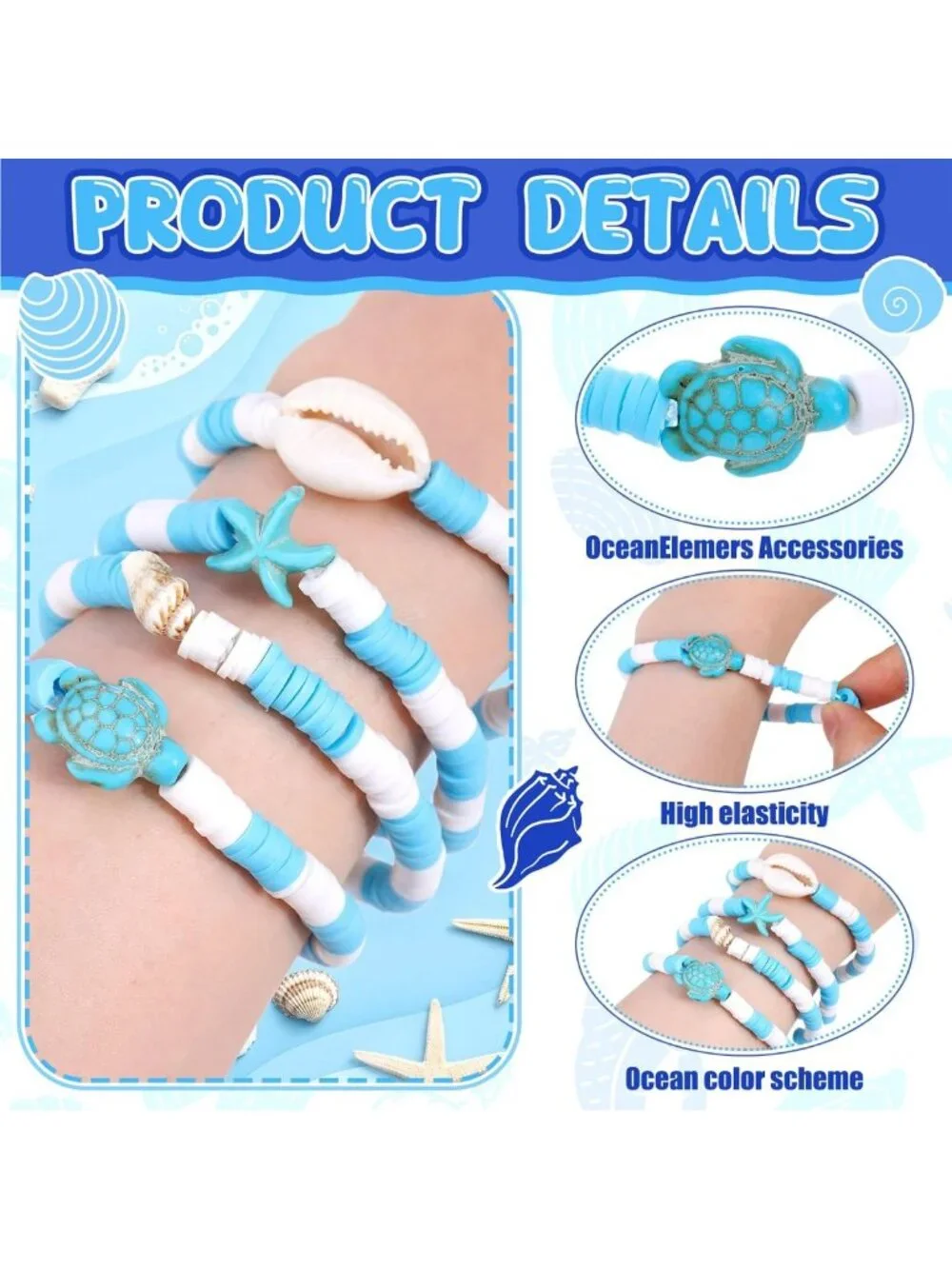 96 Pcs Ocean Beaded Bracelets Set - Polymer Clay Shells, Turtle & Starfish